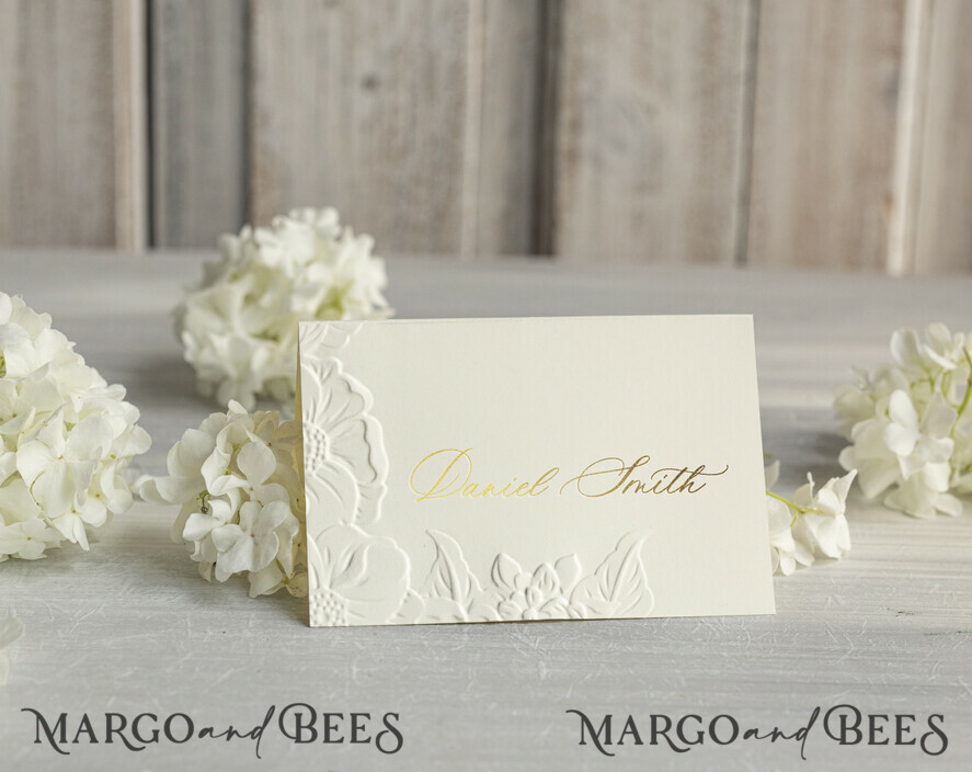 PLACE CARDS / TABLE CARDS Luxury Premium Glitter/ Gold/ Silver/ Rose Gold Elegant Embossed Ivory Wedding Place Cards, Small Table Cards with Gold Foil Border, Tent Cards, Escort Cards, Name Cards, Ecru Table name cards, Personalized wedding decor, Editable Text