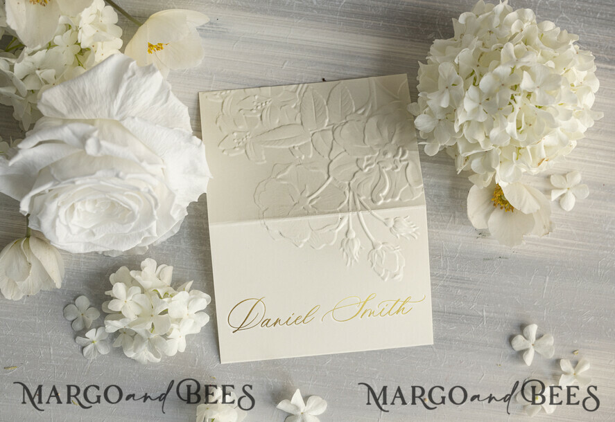 PLACE CARDS / TABLE CARDS Luxury Premium Glitter/ Gold/ Silver/ Rose Gold Elegant Embossed Ivory Wedding Place Cards, Small Table Cards with Gold Foil Border, Tent Cards, Escort Cards, Name Cards, Ecru Table name cards, Personalized wedding decor, Editable Text