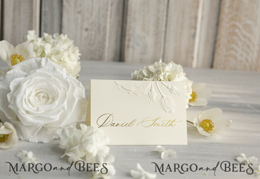 PLACE CARDS / TABLE CARDS Luxury Premium Glitter/ Gold/ Silver/ Rose Gold Elegant Embossed Ivory Wedding Place Cards, Small Table Cards with Gold Foil Border, Tent Cards, Escort Cards, Name Cards, Ecru Table name cards, Personalized wedding decor, Editable Text