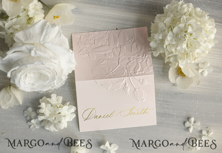 PLACE CARDS / TABLE CARDS Luxury Premium Glitter/ Gold/ Silver/ Rose Gold Elegant Embossed Blush Wedding Place Cards, Small Table Cards with Gold Foil Border, Tent Cards, Escort Cards, Name Cards, Ecru Table name cards, Personalized wedding decor, Editable Text
