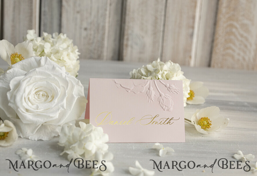 PLACE CARDS / TABLE CARDS Luxury Premium Glitter/ Gold/ Silver/ Rose Gold Elegant Embossed Blush Wedding Place Cards, Small Table Cards with Gold Foil Border, Tent Cards, Escort Cards, Name Cards, Ecru Table name cards, Personalized wedding decor, Editable Text