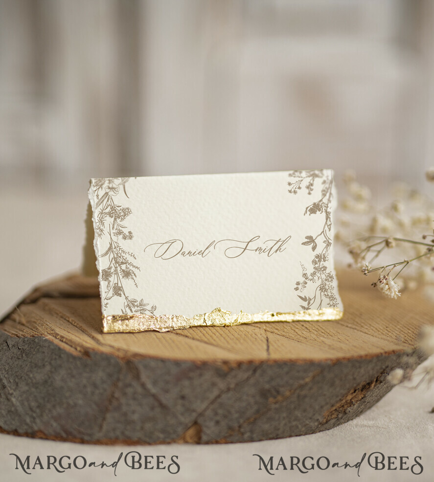 PLACE CARDS / TABLE CARDS Luxury Premium Glitter/ Gold/ Silver/ Rose Gold Elegant Torn Edges Ivory Wedding Place Cards, Small Table Cards with Gold Foil Border, Tent Cards, Escort Cards, Name Cards, Ecru Table name cards, Personalized wedding decor, Editable Text