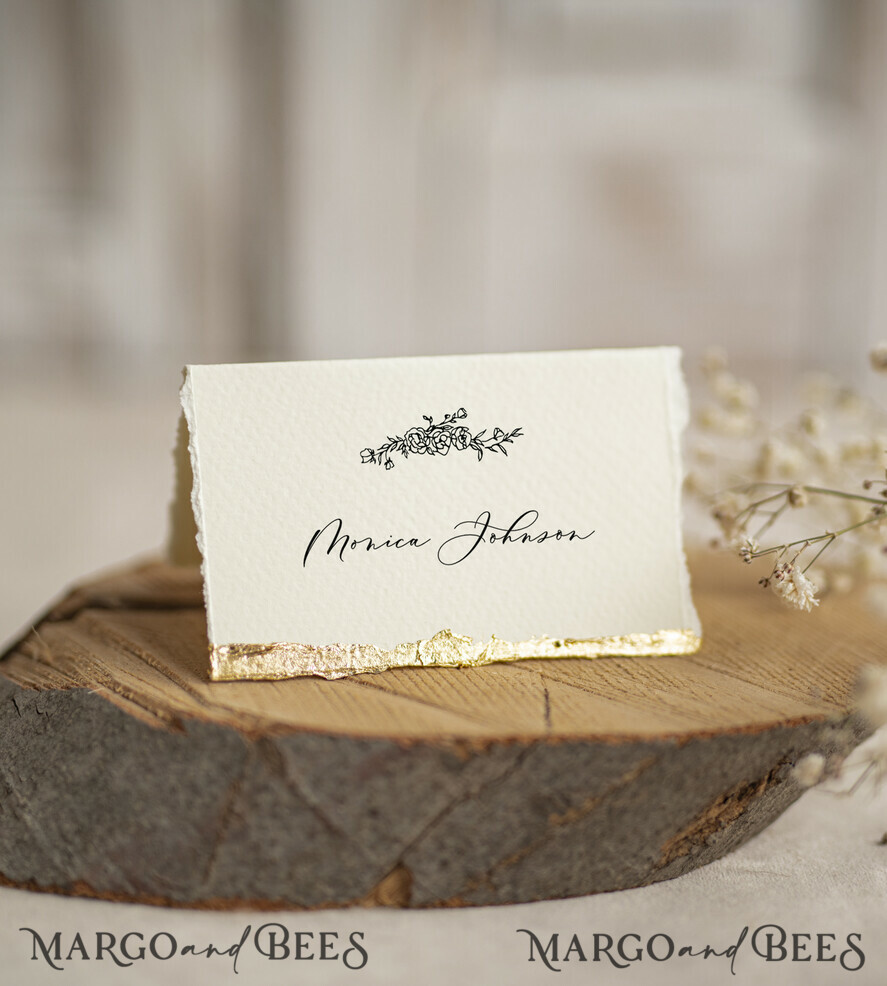 PLACE CARDS / TABLE CARDS Luxury Premium Glitter/ Gold/ Silver/ Rose Gold Elegant Torn Edges Ivory Wedding Place Cards, Small Table Cards with Gold Foil Border, Tent Cards, Escort Cards, Name Cards, Ecru Table name cards, Personalized wedding decor, Editable Text
