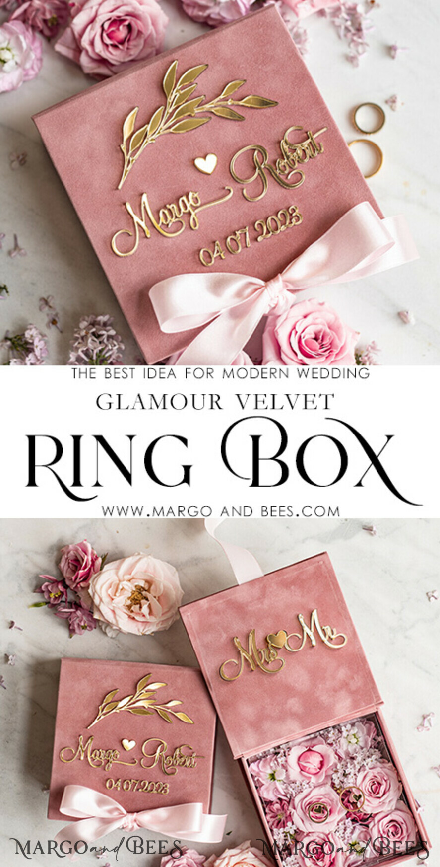 RING BEARER BOXES & PILLOWS Velvet ring box for wedding ceremony Ring Box for Wedding Ceremony 3 rings, Blush Pink Golden velvet Wedding Ring Box for ceremony ceremony velvet, Glamour Wedding Ring Boxes his hers, Luxury Velvet Ring box double Custom Colors