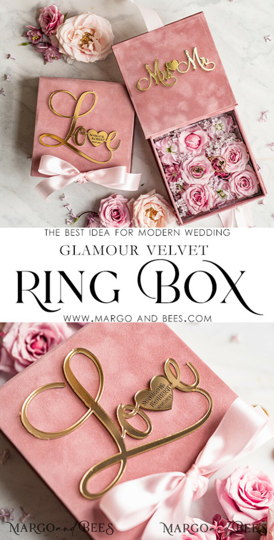 RING BEARER BOXES & PILLOWS Velvet ring box for wedding ceremony Ring Box for Wedding Ceremony 3 rings, Blush Pink Golden velvet Wedding Ring Box for ceremony ceremony velvet, Glamour Wedding Ring Boxes his hers, Luxury Velvet Ring box double Custom Colors