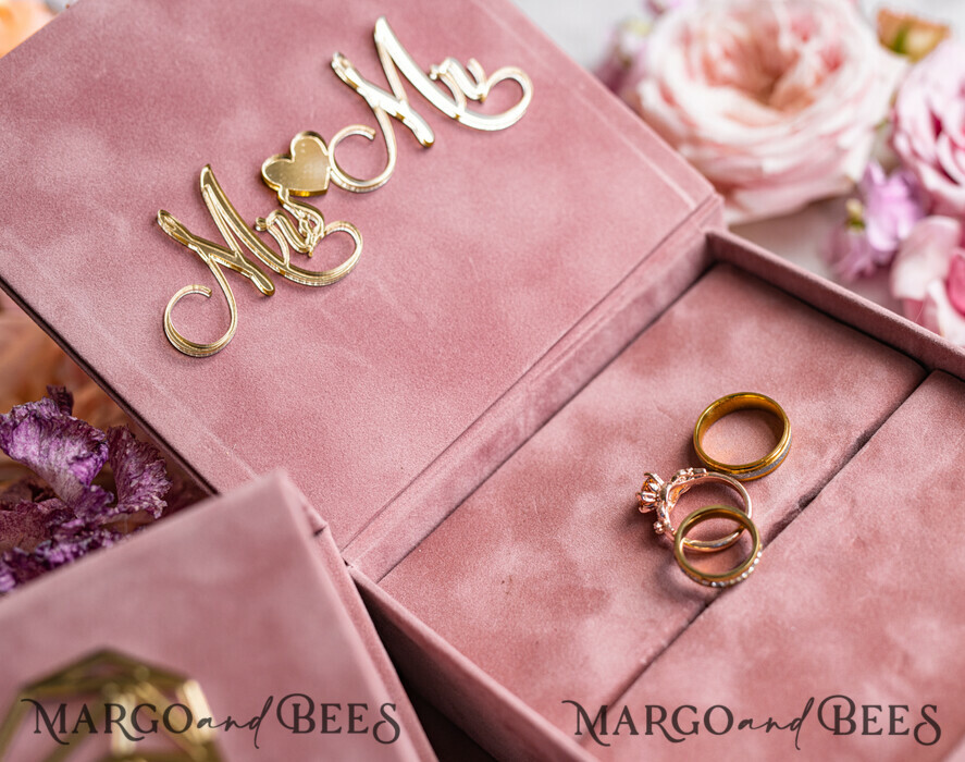 RING BEARER BOXES & PILLOWS Velvet ring box for wedding ceremony Ring Box for Wedding Ceremony 3 rings, Blush Pink Golden velvet Wedding Ring Box for ceremony, Boho Glam Wedding Ring Boxes his hers, Luxury Velvet Ring box double Custom Colors
