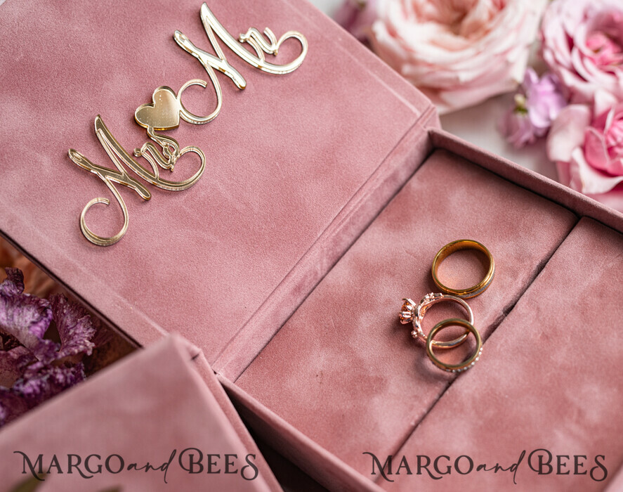 RING BEARER BOXES & PILLOWS Velvet ring box for wedding ceremony Ring Box for Wedding Ceremony 3 rings, Blush Pink Golden velvet Wedding Ring Box for ceremony, Boho Glam Wedding Ring Boxes his hers, Luxury Velvet Ring box double Custom Colors