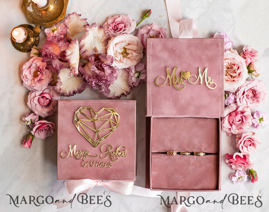 RING BEARER BOXES & PILLOWS Velvet ring box for wedding ceremony Ring Box for Wedding Ceremony 3 rings, Blush Pink Golden velvet Wedding Ring Box for ceremony, Boho Glam Wedding Ring Boxes his hers, Luxury Velvet Ring box double Custom Colors