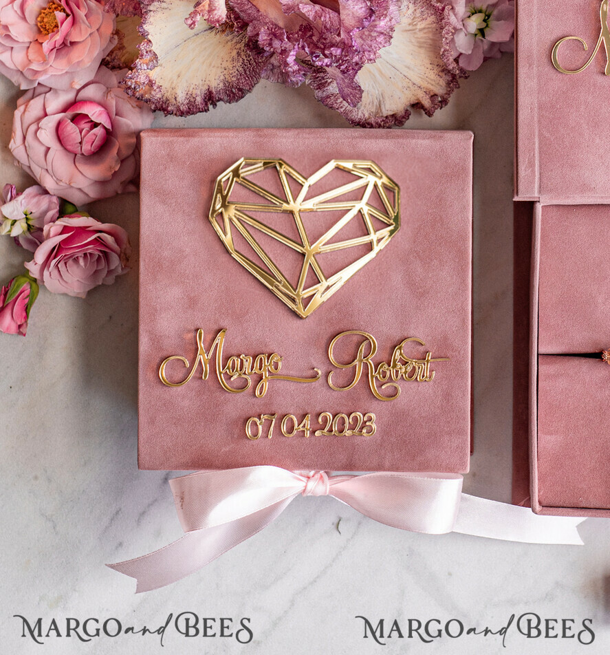 RING BEARER BOXES & PILLOWS Velvet ring box for wedding ceremony Ring Box for Wedding Ceremony 3 rings, Blush Pink Golden velvet Wedding Ring Box for ceremony, Boho Glam Wedding Ring Boxes his hers, Luxury Velvet Ring box double Custom Colors