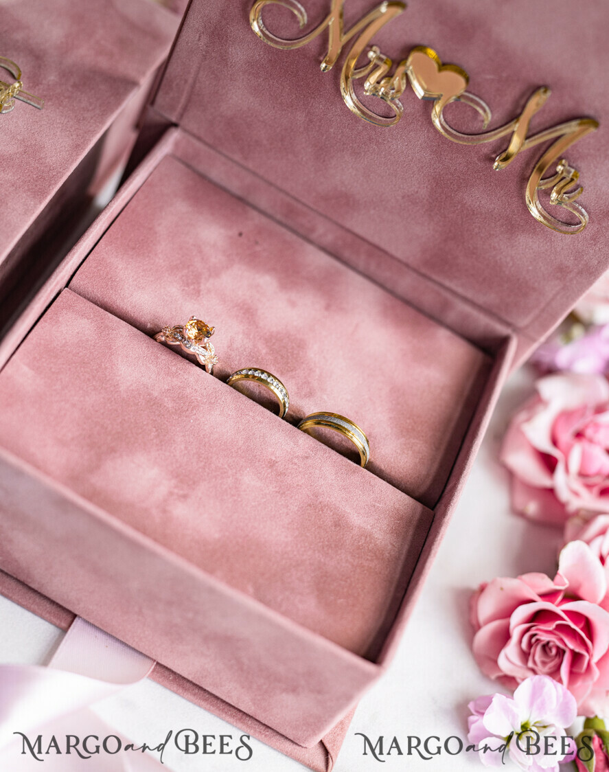 RING BEARER BOXES & PILLOWS Velvet ring box for wedding ceremony Ring Box for Wedding Ceremony 3 rings, Blush Pink Golden velvet Wedding Ring Box for ceremony, Boho Glam Wedding Ring Boxes his hers, Luxury Velvet Ring box double Custom Colors