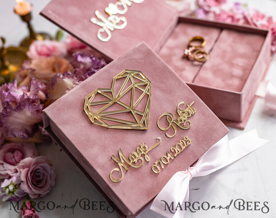 RING BEARER BOXES & PILLOWS Velvet ring box for wedding ceremony Ring Box for Wedding Ceremony 3 rings, Blush Pink Golden velvet Wedding Ring Box for ceremony, Boho Glam Wedding Ring Boxes his hers, Luxury Velvet Ring box double Custom Colors