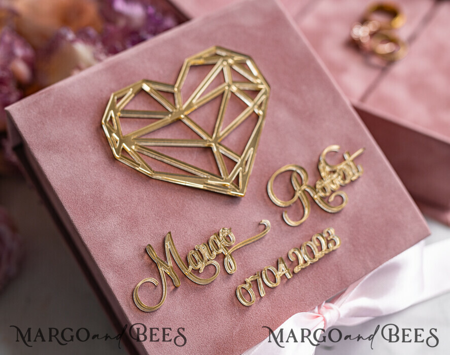 RING BEARER BOXES & PILLOWS Velvet ring box for wedding ceremony Ring Box for Wedding Ceremony 3 rings, Blush Pink Golden velvet Wedding Ring Box for ceremony, Boho Glam Wedding Ring Boxes his hers, Luxury Velvet Ring box double Custom Colors