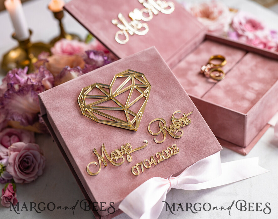 RING BEARER BOXES & PILLOWS Velvet ring box for wedding ceremony Ring Box for Wedding Ceremony 3 rings, Blush Pink Golden velvet Wedding Ring Box for ceremony, Boho Glam Wedding Ring Boxes his hers, Luxury Velvet Ring box double Custom Colors