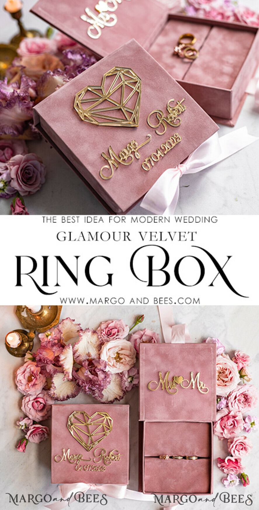 RING BEARER BOXES & PILLOWS Velvet ring box for wedding ceremony Ring Box for Wedding Ceremony 3 rings, Blush Pink Golden velvet Wedding Ring Box for ceremony, Boho Glam Wedding Ring Boxes his hers, Luxury Velvet Ring box double Custom Colors