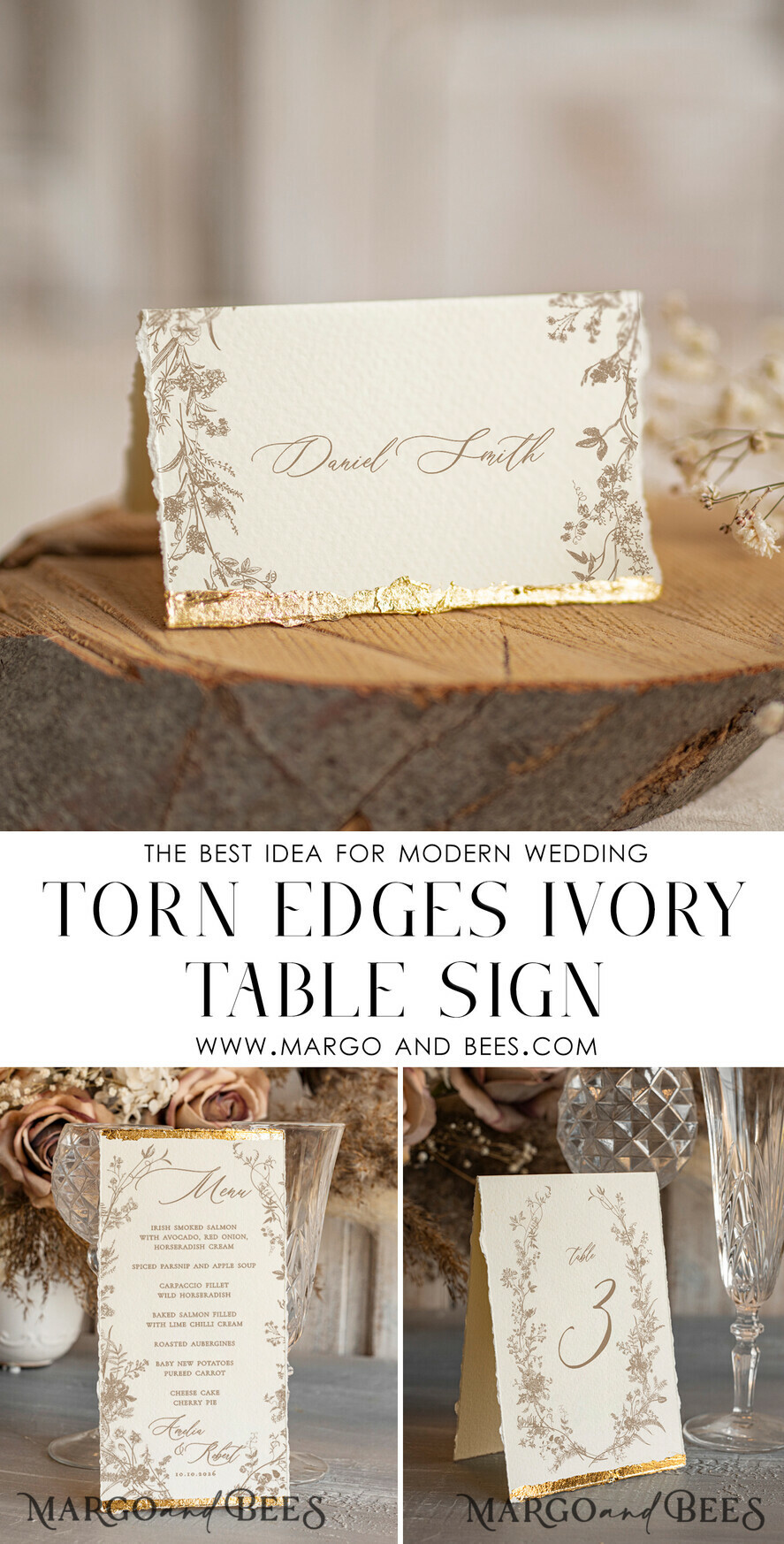 TABLE DECOR SIGNS glitter Elegant Hand Torn Edge with gold foil border Wedding Table Number – Luxury Ivory Tent Card