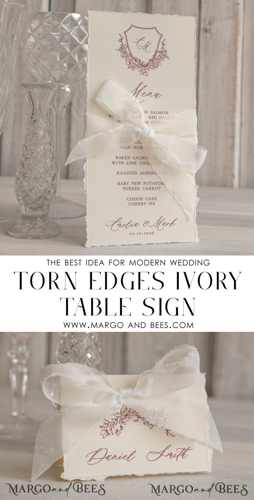 TABLE DECOR SIGNS glitter Elegant Hand Torn Edge with silk ribbon Wedding Table Number – Luxury Vintage Ivory Tent Card