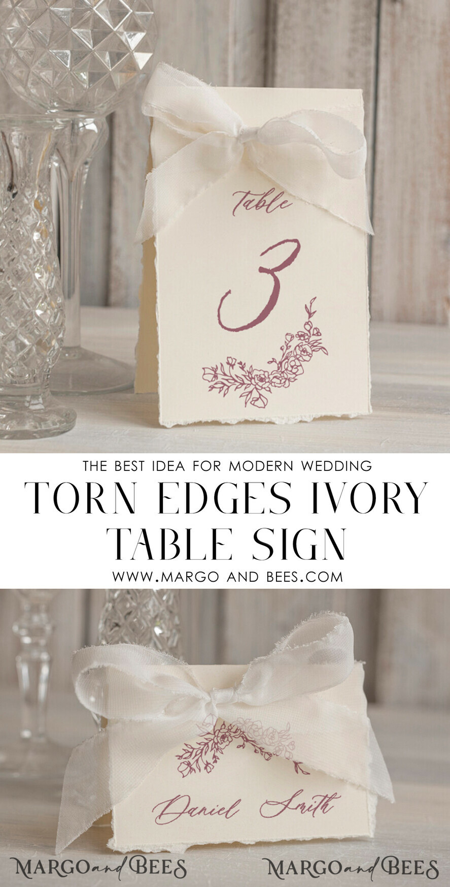 TABLE DECOR SIGNS glitter Elegant Hand Torn Edge with silk ribbon Wedding Table Number – Luxury Vintage Ivory Tent Card