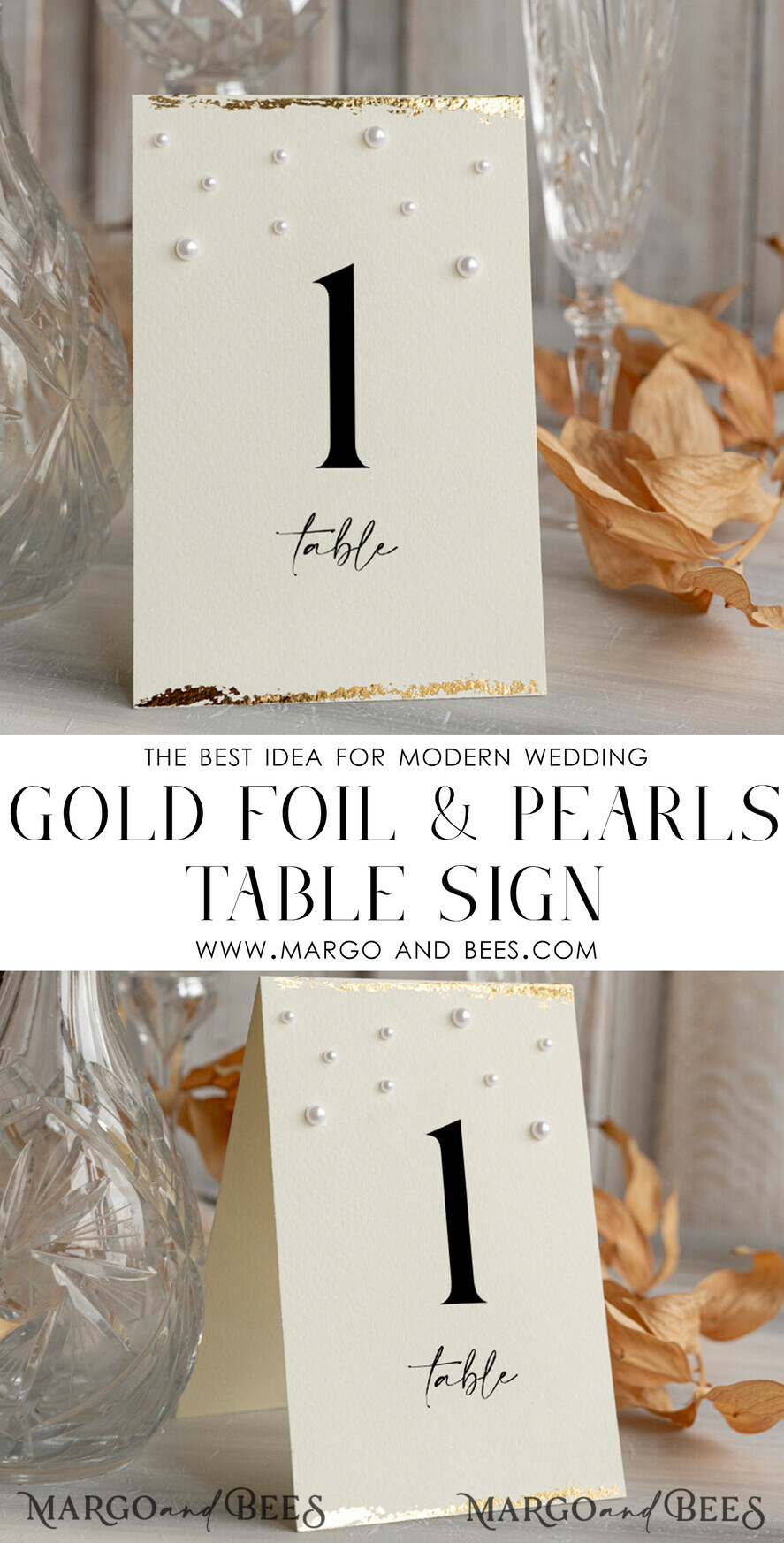TABLE DECOR SIGNS glitter Luxury Wedding Table Number Card with Pearls & Gold Foil border – Textured Ivory Paper, Tent Style