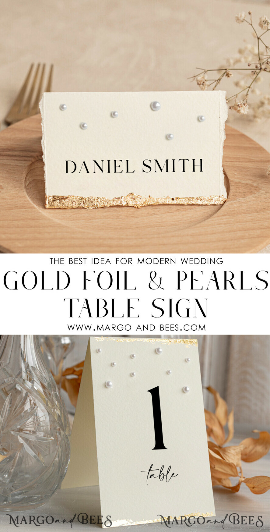 TABLE DECOR SIGNS glitter Luxury Wedding Table Number Card with Pearls & Gold Foil border – Textured Ivory Paper, Tent Style
