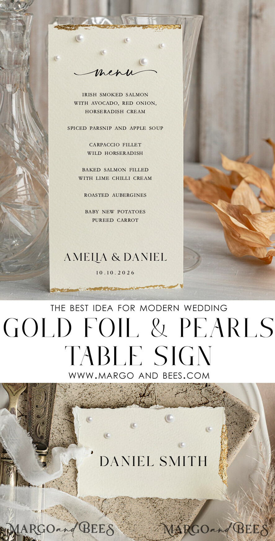 TABLE DECOR SIGNS glitter Luxury Wedding Table Number Card with Pearls & Gold Foil border – Textured Ivory Paper, Tent Style