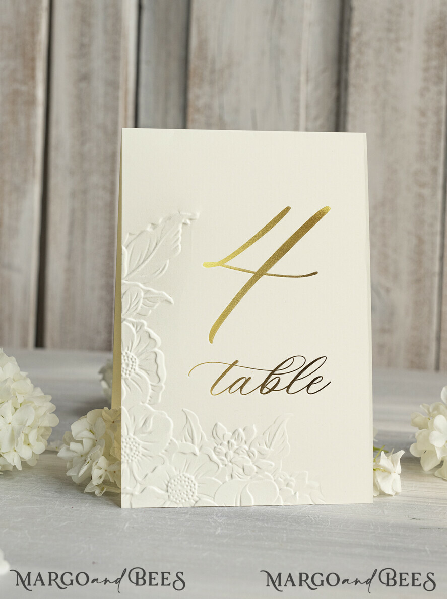 TABLE DECOR SIGNS glitter Elegant Gold Wedding Table Number Card with Embossed Floral Design, Ivory Textured Paper, Folded Tent Style, Classic Font, Luxury Reception Decor