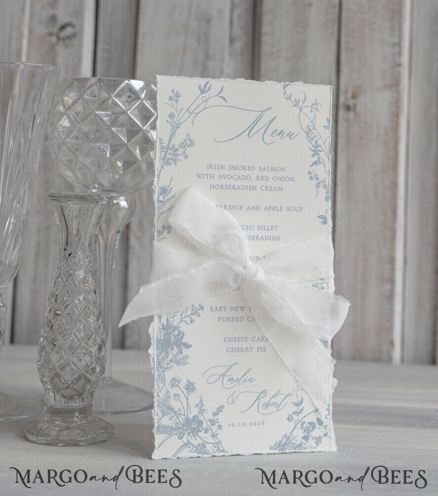 MENU & PROGRAMS glitter/ luxury premium Elegant white Wedding Menu with silk ribbon, hand torn edge Elegant Wedding Menu Cards, program dinner wedding menu