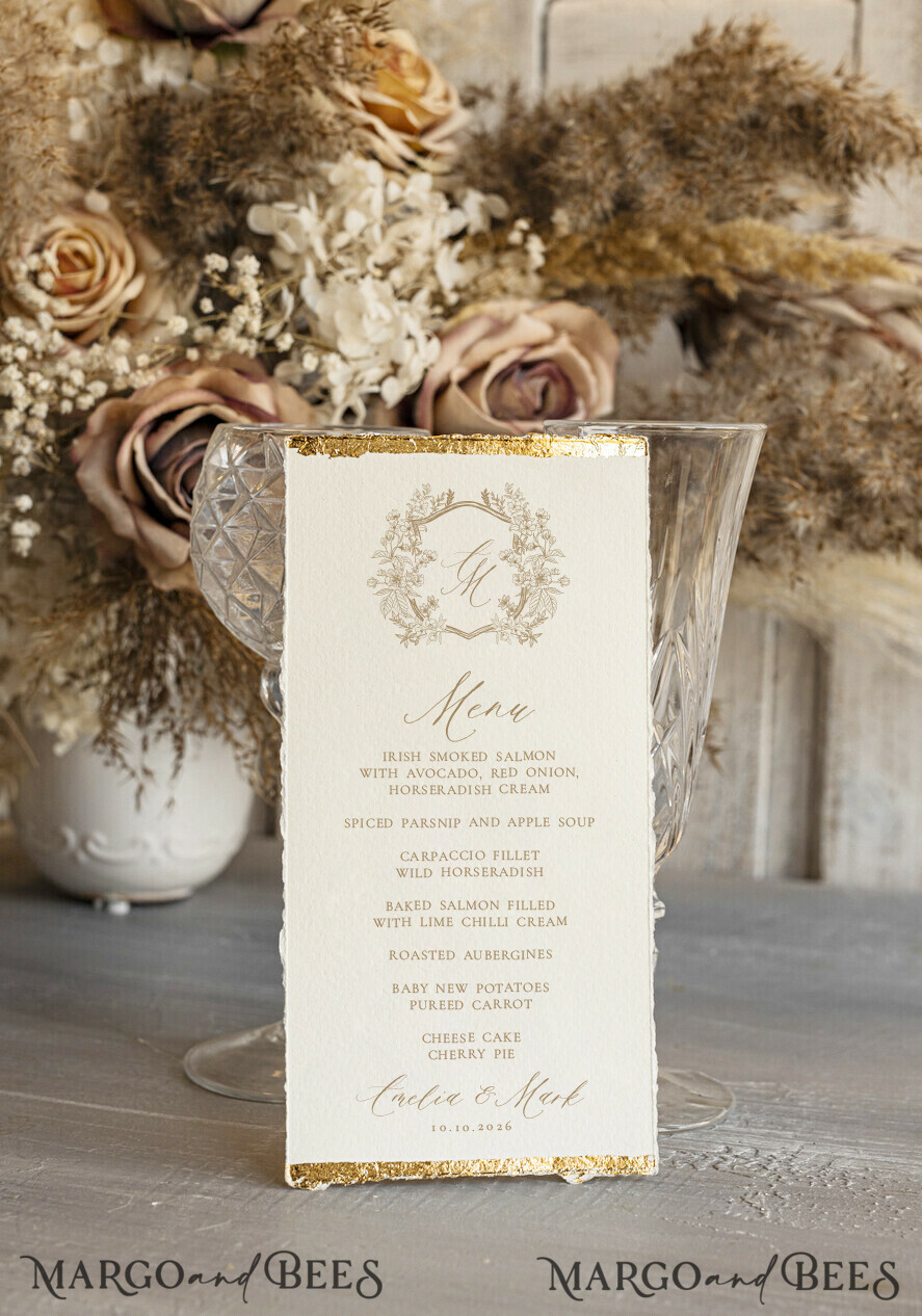 MENU & PROGRAMS glitter/ luxury premium Elegant Ivory Wedding Menu, hand torn edge Elegant Wedding Menu Cards with gold foil border, program dinner wedding menu