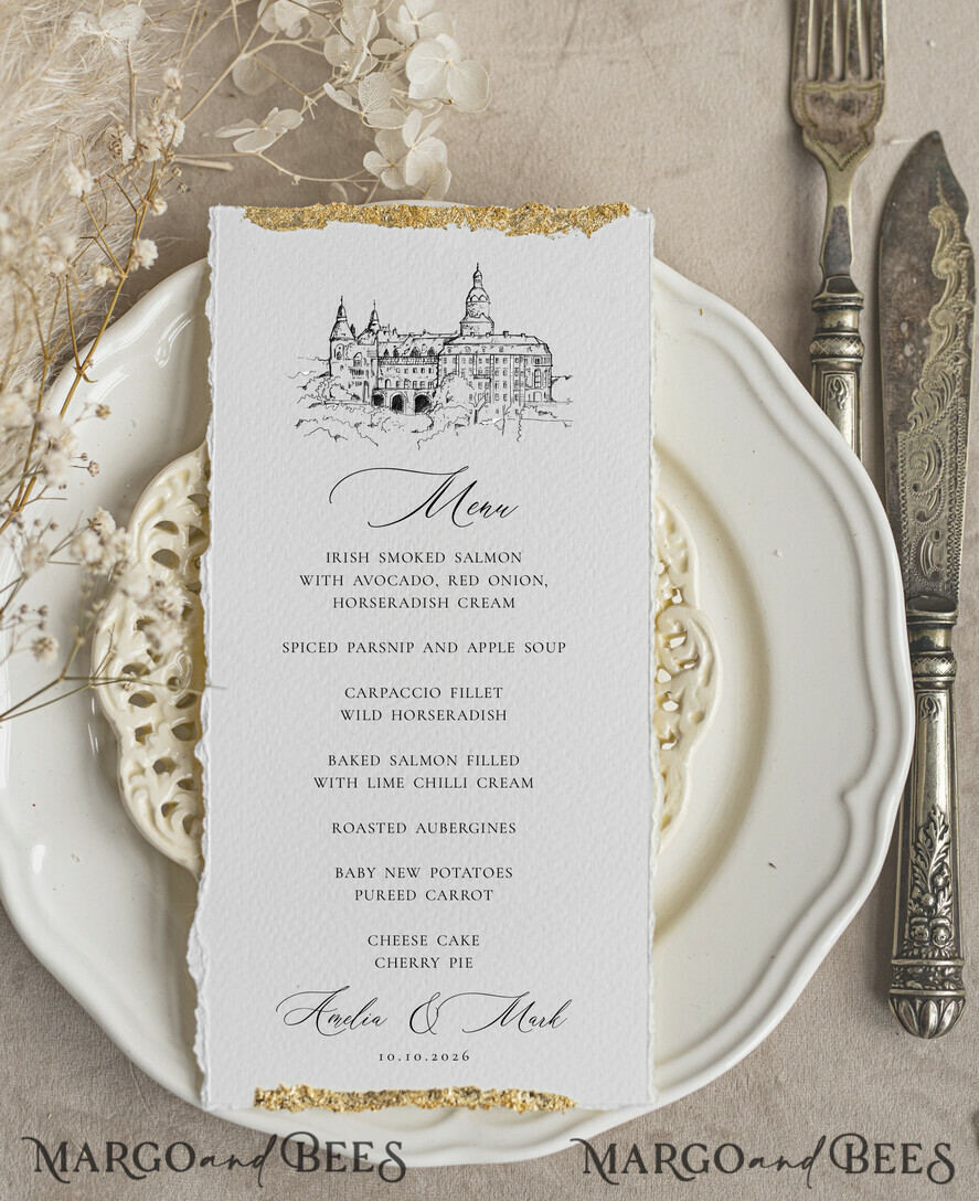 MENU & PROGRAMS glitter/ luxury premium Elegant Venue Sketch Wedding Menu, hand torn edge Elegant Wedding Menu Cards with gold foil border, program dinner wedding menu