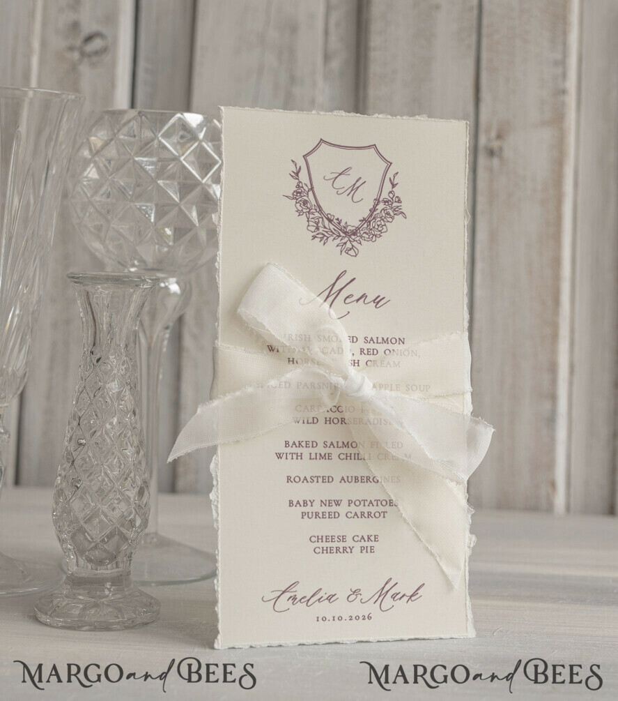 MENU & PROGRAMS glitter/ luxury premium Elegant Ecru Wedding Menu with silk ribbon, hand torn edge Elegant Wedding Menu Cards, program dinner wedding menu