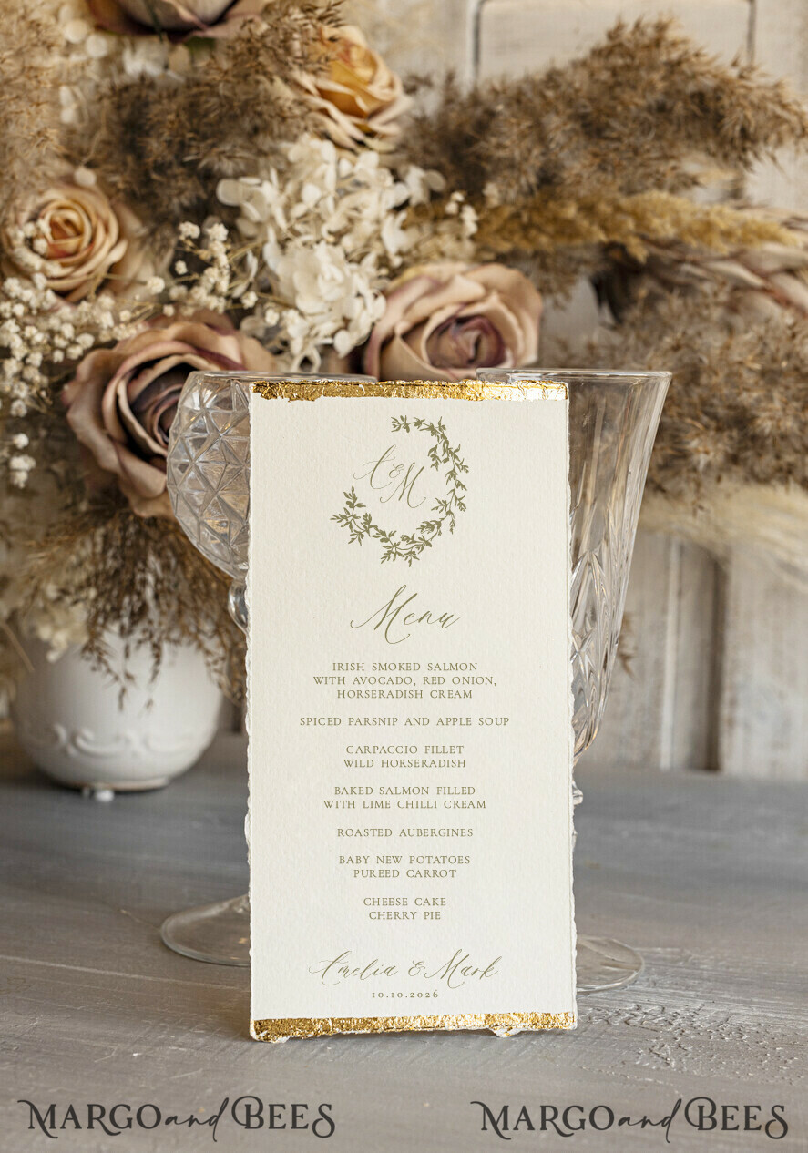 MENU & PROGRAMS glitter/ luxury premium Elegant Ivory Wedding Menu, hand torn edge Elegant Wedding Menu Cards with gold foil border, program dinner wedding menu