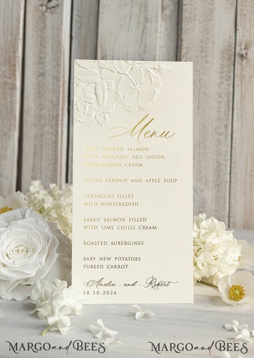 MENU & PROGRAMS glitter/ luxury premium Embossed Ivory Wedding Menu, Elegant Wedding Menu Cards With Floral Motif rose, Luxury Wedding Menu With Gold Foil