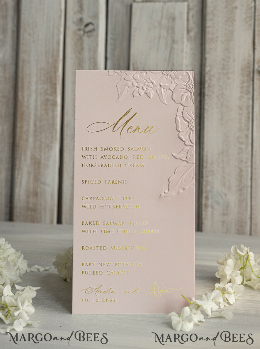 MENU & PROGRAMS glitter/ luxury premium Embossed Blush Pink Wedding Menu, Elegant Wedding Menu Cards With Floral Motif rose, Luxury Wedding Menu With Gold Foil