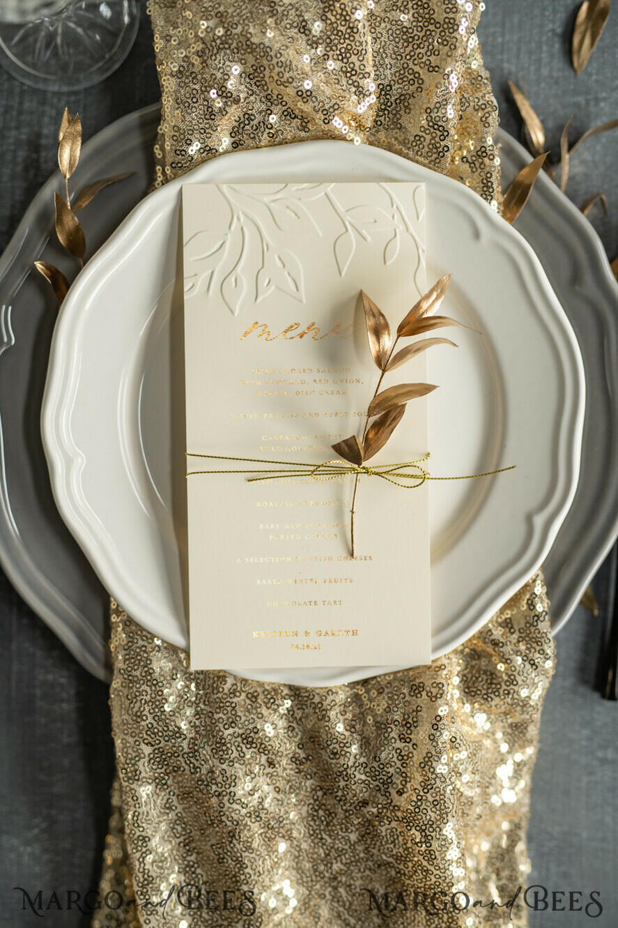MENU & PROGRAMS glitter/ luxury premium Embossed Ivory Wedding Menu, Elegant Wedding Menu Cards With Floral Motif, Luxury Wedding Menu With Gold Foil, Leaf Wedding Menu With Gold Foil And Golden Twine
