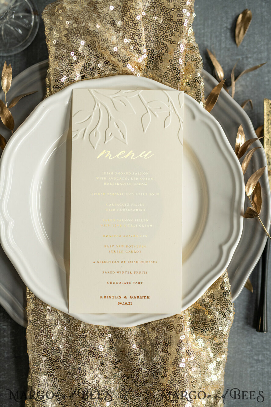 MENU & PROGRAMS glitter/ luxury premium Embossed Ivory Wedding Menu, Elegant Wedding Menu Cards With Floral Motif, Luxury Wedding Menu With Gold Foil, Leaf Wedding Menu With Gold Foil And Golden Twine