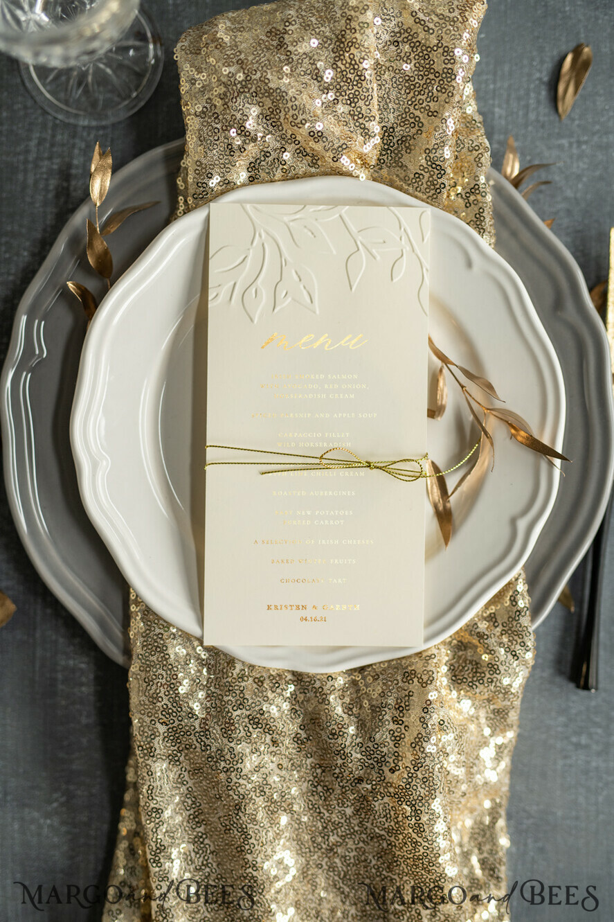 MENU & PROGRAMS glitter/ luxury premium Embossed Ivory Wedding Menu, Elegant Wedding Menu Cards With Floral Motif, Luxury Wedding Menu With Gold Foil, Leaf Wedding Menu With Gold Foil And Golden Twine