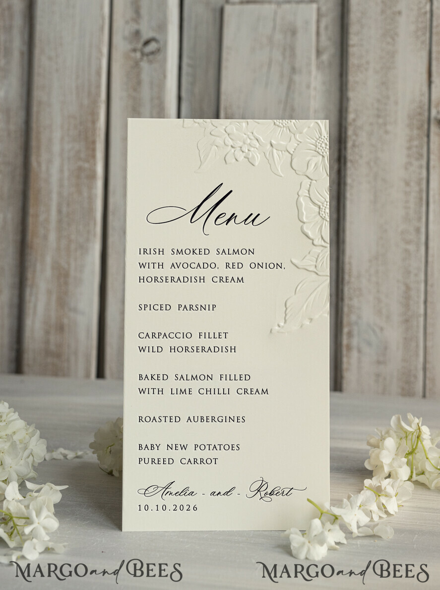 MENU & PROGRAMS glitter/ luxury premium Embossed Ivory Wedding Menu, Elegant Wedding Menu Cards With Floral leaf Motif, Luxury