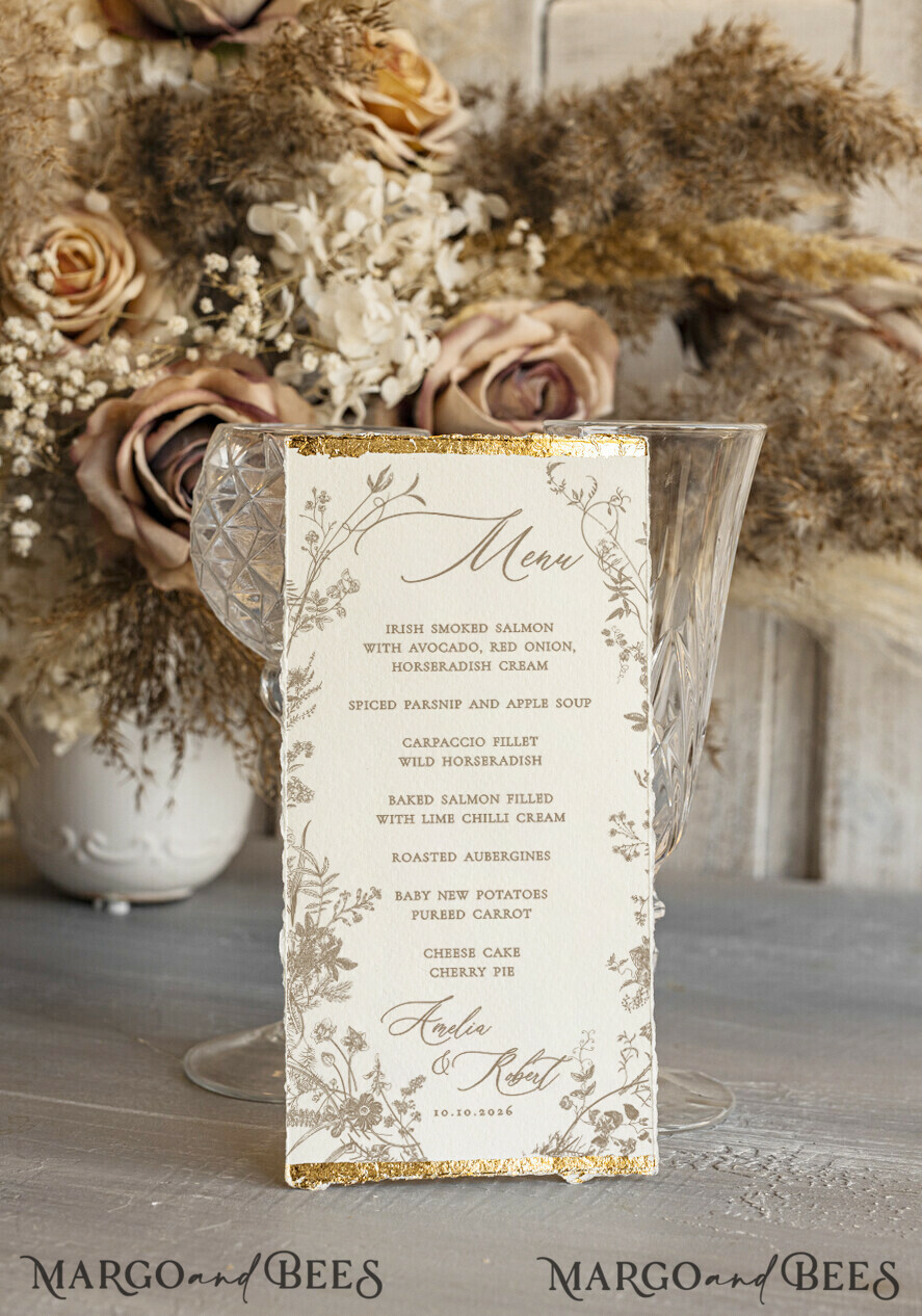 MENU & PROGRAMS glitter/ luxury premium Elegant Ivory Wedding Menu, hand torn edge Elegant Wedding Menu Cards with gold foil border, program dinner wedding menu