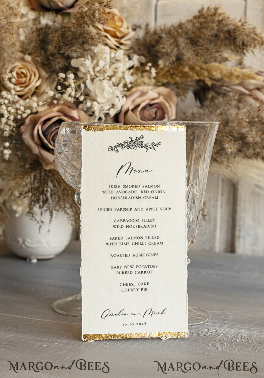MENU & PROGRAMS glitter/ luxury premium Elegant Ivory Wedding Menu, hand torn edge Elegant Wedding Menu Cards with gold foil border, program dinner wedding menu