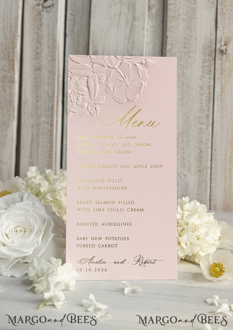 MENU & PROGRAMS glitter/ luxury premium Embossed Rose Blush Pink Wedding Menu, Elegant Wedding Menu Cards With Rose Motif, Luxury Wedding Menu With Gold Foil