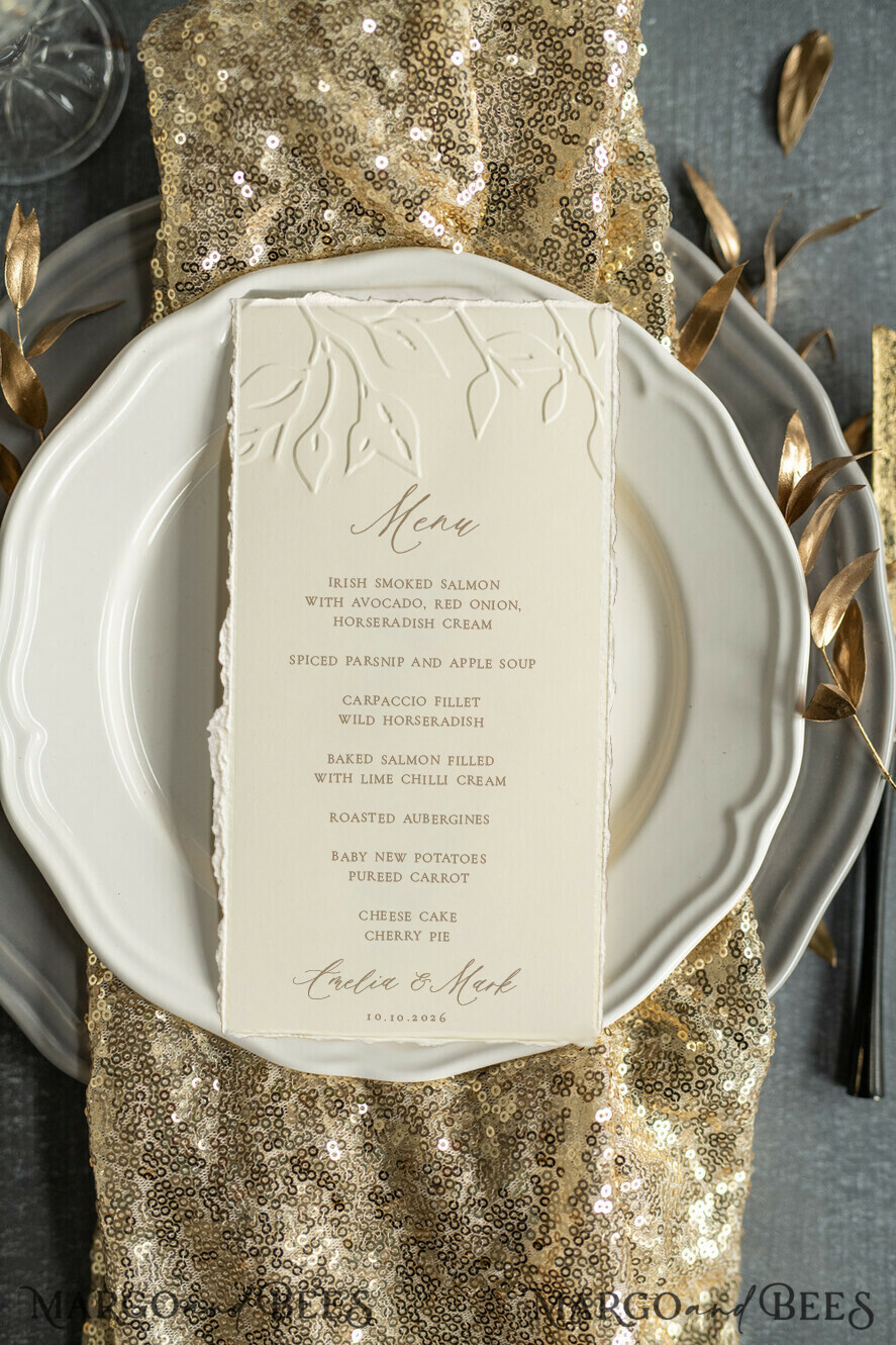 MENU & PROGRAMS glitter/ luxury premium Embossed Ivory Wedding Menu, torn edge Elegant Wedding Menu Cards With Floral leaf Motif, Luxury