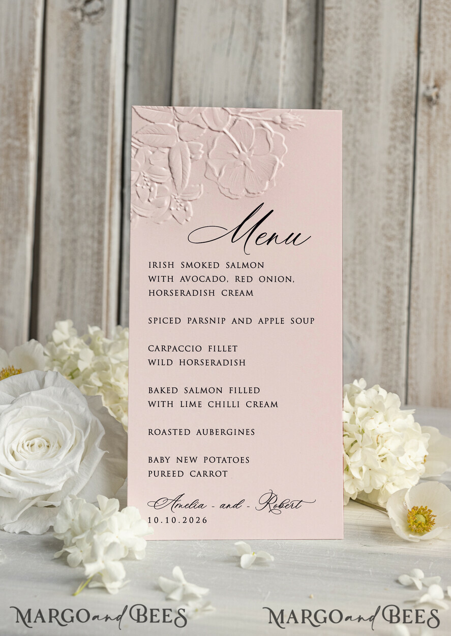 MENU & PROGRAMS glitter/ luxury premium Embossed Blush Pink Wedding Menu, Elegant Wedding Menu Cards With Floral leaf Motif, Luxury