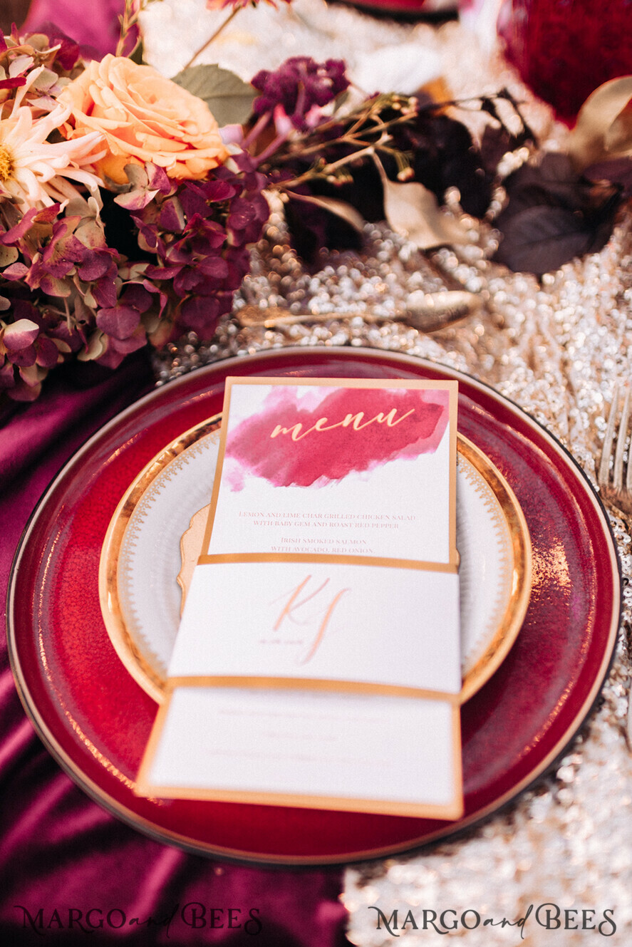MENU & PROGRAMS glitter/ luxury premium Minimalist Watercolor Wedding Menu, Elegant Handmade White and Red Menu Card with Monogram Belly Band, Romantic Boho Dinner Wedding Menu With Golden Accents