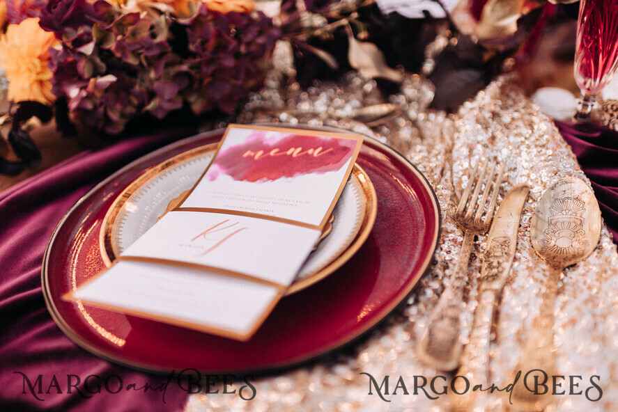 MENU & PROGRAMS glitter/ luxury premium Minimalist Watercolor Wedding Menu, Elegant Handmade White and Red Menu Card with Monogram Belly Band, Romantic Boho Dinner Wedding Menu With Golden Accents