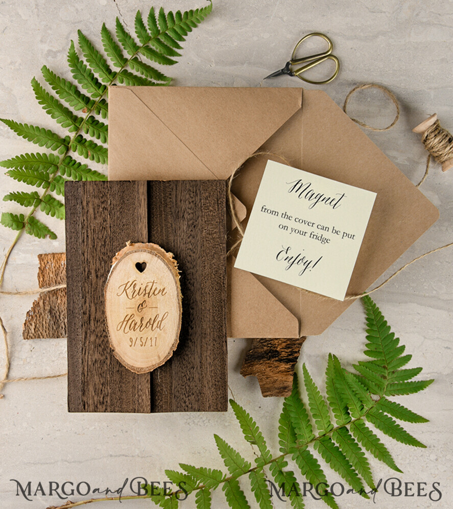 Wedding invitations designs, wood magnet invites