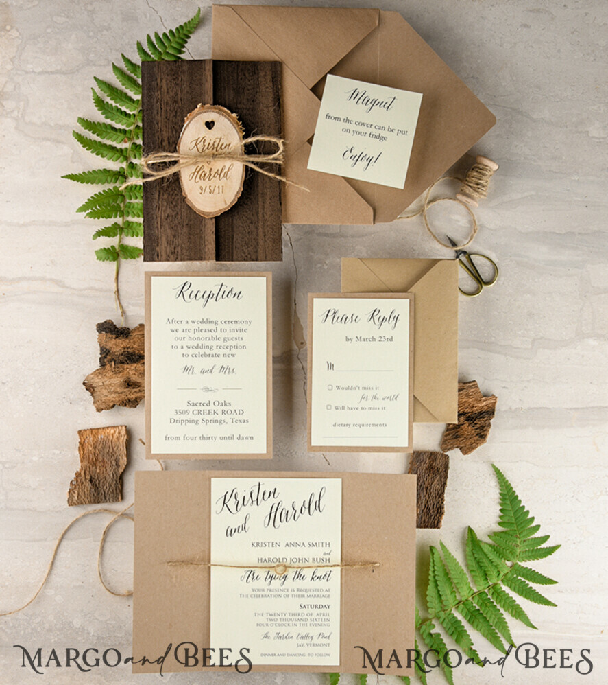 Wedding invitations designs, wood magnet invites