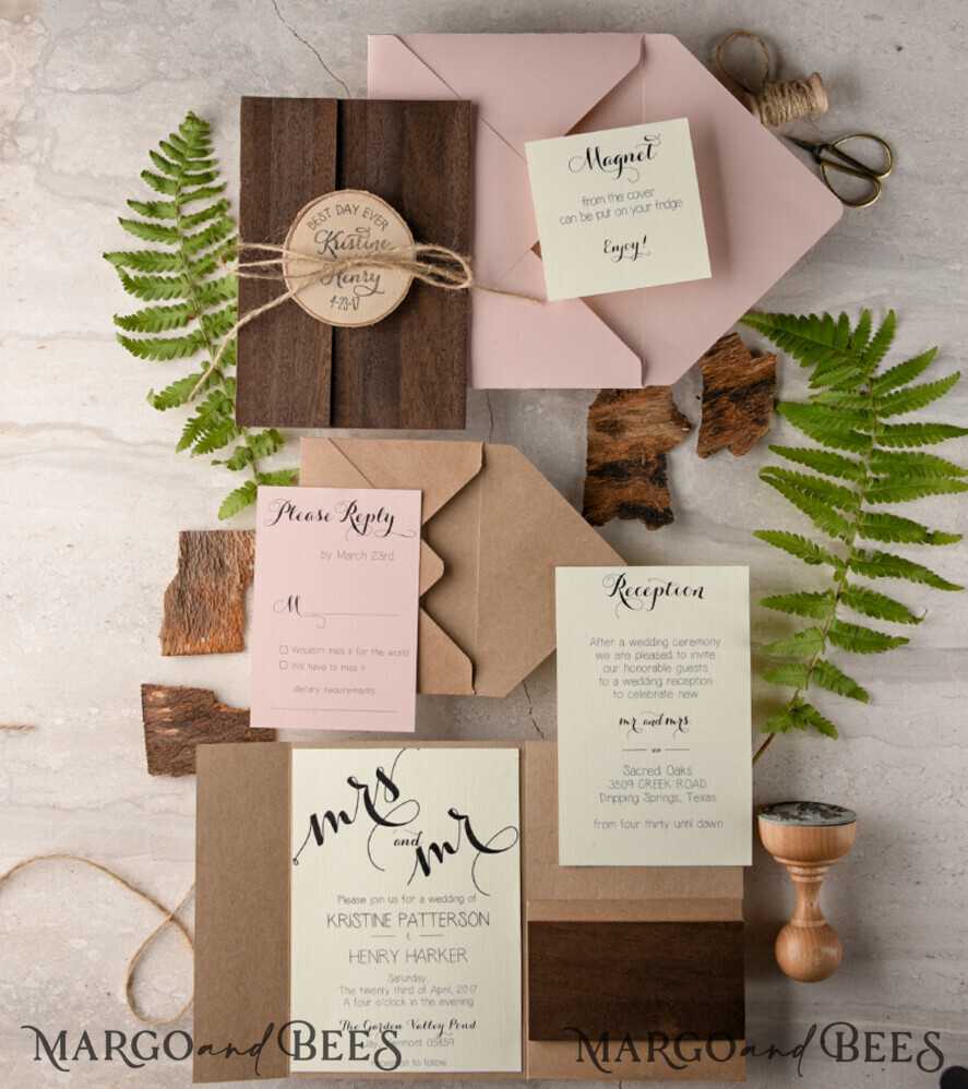 Bespoke wedding invitations, wood magnet invites