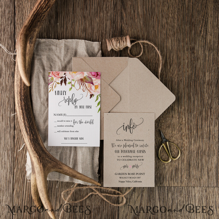 WEDDING INVITATIONS Modern Invites Floral Cards rustic Wedding Invitations summer flowers Stationery craft Envelope burlap belly band and wooden slice tag