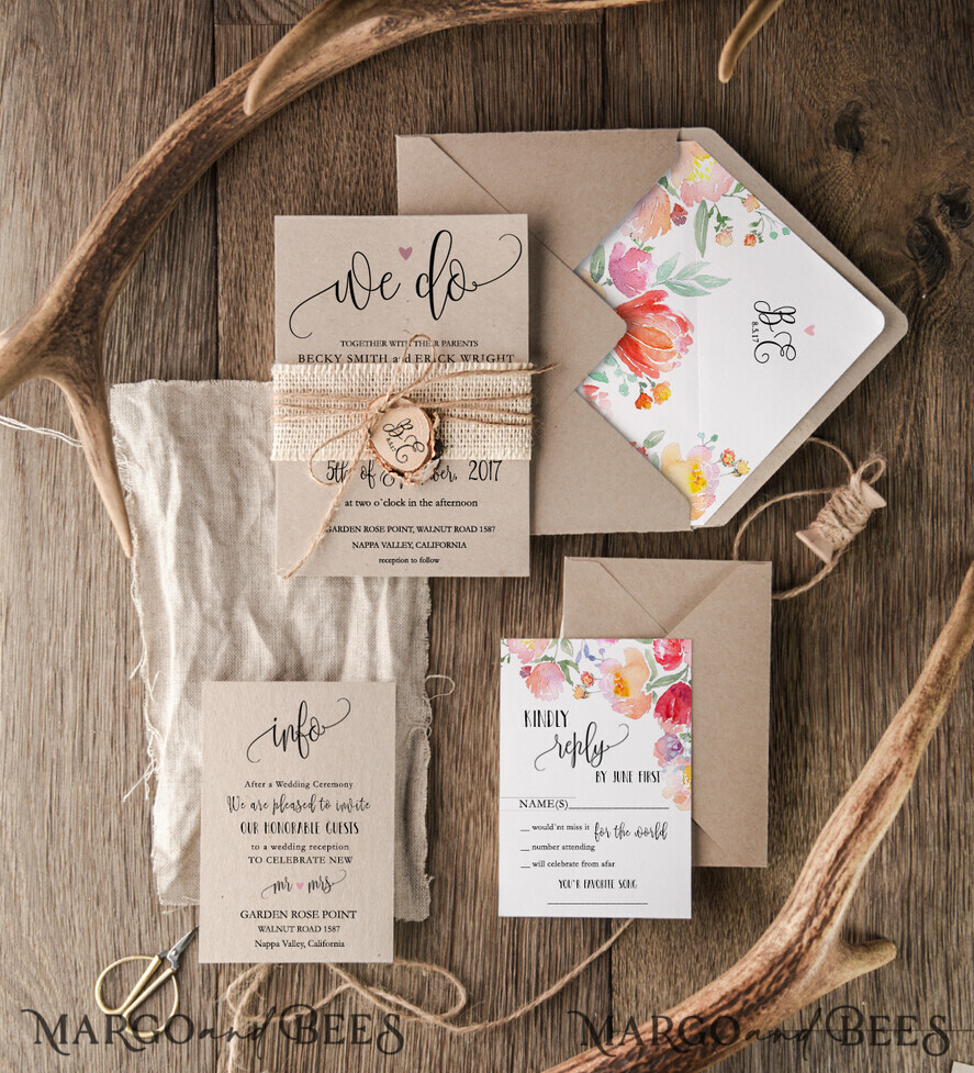 WEDDING INVITATIONS Modern Invites Floral Cards rustic Wedding Invitations floral Stationery craft Envelope burlap belly band and wooden slice tag