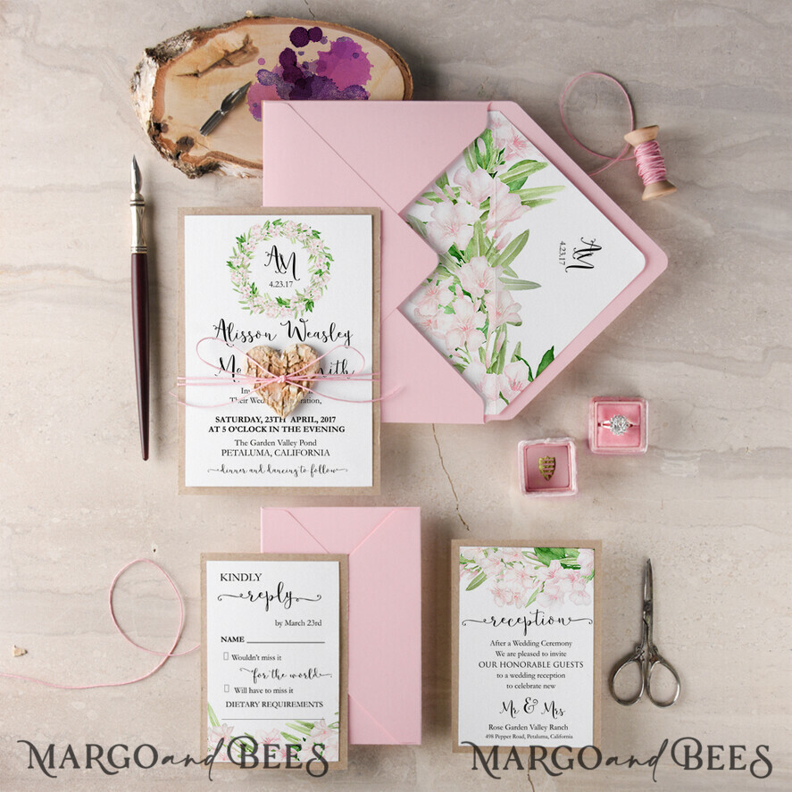 WEDDING INVITATIONS Modern Invites Floral Cards Spring Wedding Invitations Jasmine Bloosom Stationery Blush Pink Envelope