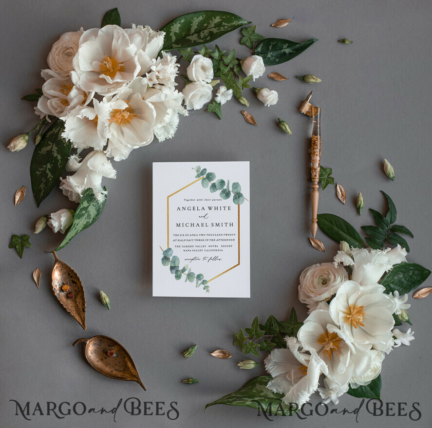 WEDDING INVITATIONS Modern Invites Floral Cards Eucalyptus green wedding invitations cards vintage floral stationery